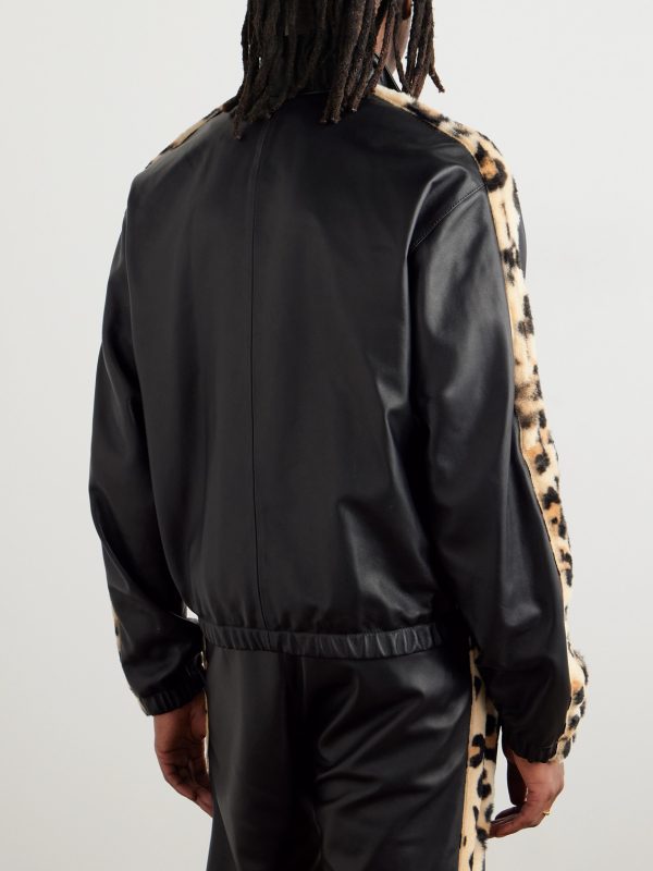 Leopard-Print Faux Fur-Trimmed Leather Jacket - BK