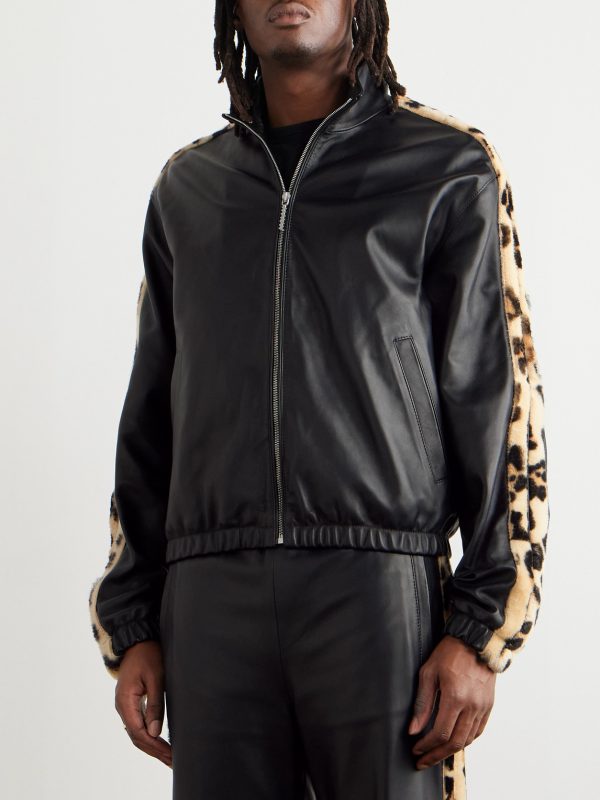 Leopard-Print Faux Fur-Trimmed Leather Jacket - FR