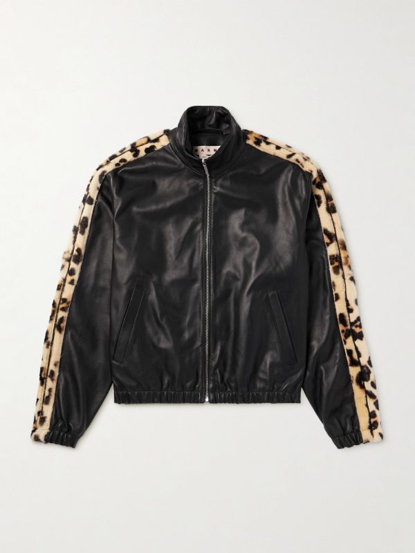 Leopard-Print Faux Fur-Trimmed Leather Jacket