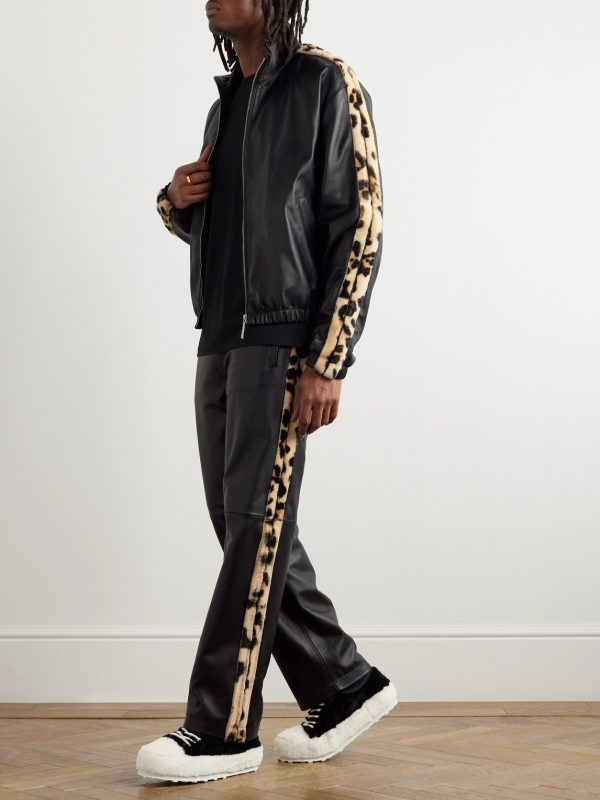 Leopard-Print Faux Fur-Trimmed Leather Jacket - OU