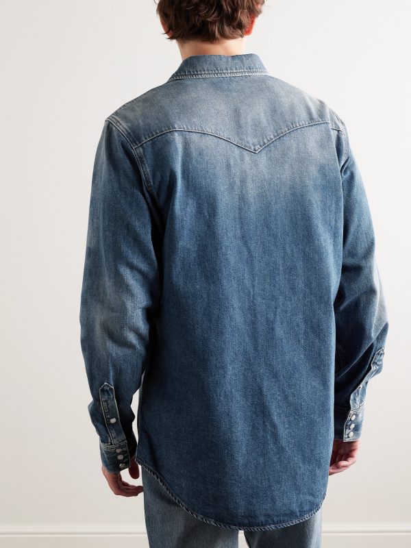 Logo-Embroidered Washed-Denim Western Shirt - BK Logo-Embroidered Washed-Denim Western Shirt - BK