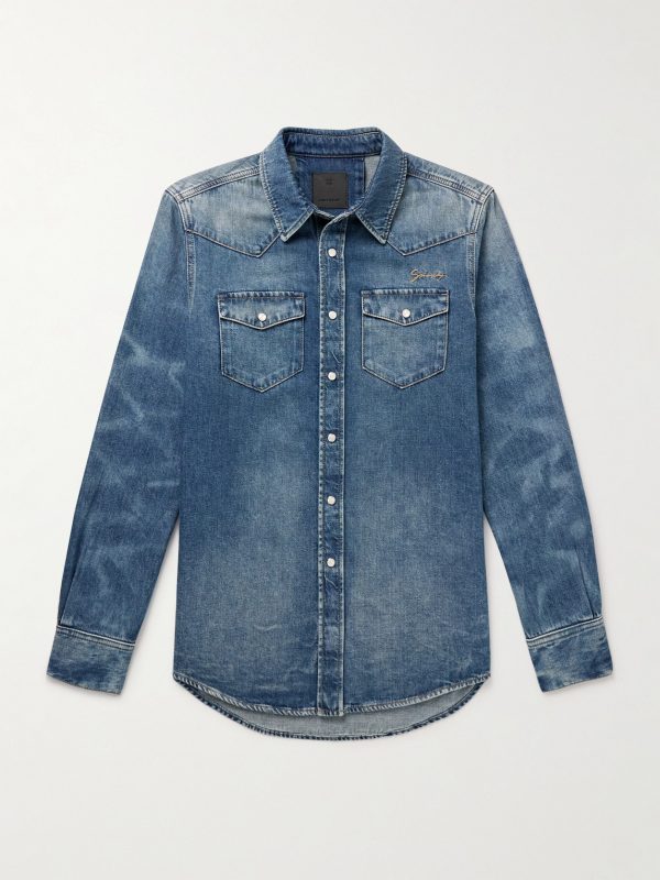 Logo-Embroidered Washed-Denim Western Shirt Logo-Embroidered Washed-Denim Western Shirt