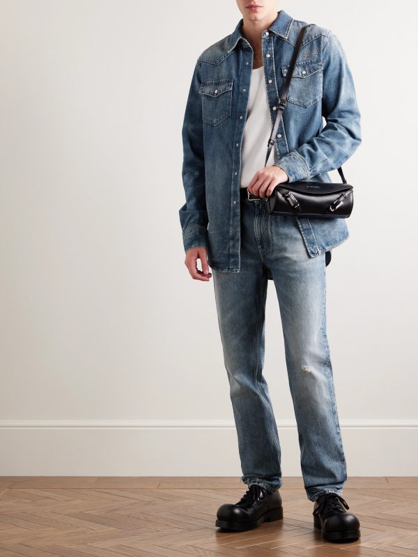 Logo-Embroidered Washed-Denim Western Shirt - OU Logo-Embroidered Washed-Denim Western Shirt - OU