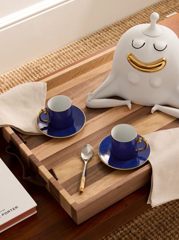Lapis Set of Two Gold-Plated Porcelain Espresso Cups and Saucers - OU
