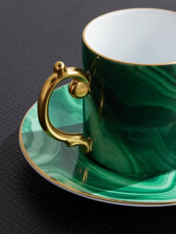 Malachite Set of Two Gold-Plated Porcelain Espresso Cups and Saucers - CU Malachite Set of Two Gold-Plated Porcelain Espresso Cups and Saucers - CU