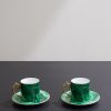 Malachite Set of Two Gold-Plated Porcelain Espresso Cups and Saucers Malachite Set of Two Gold-Plated Porcelain Espresso Cups and Saucers