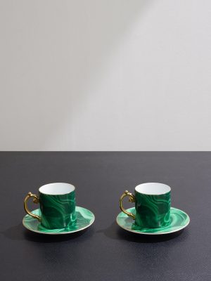 Malachite Set of Two Gold-Plated Porcelain Espresso Cups and Saucers Malachite Set of Two Gold-Plated Porcelain Espresso Cups and Saucers