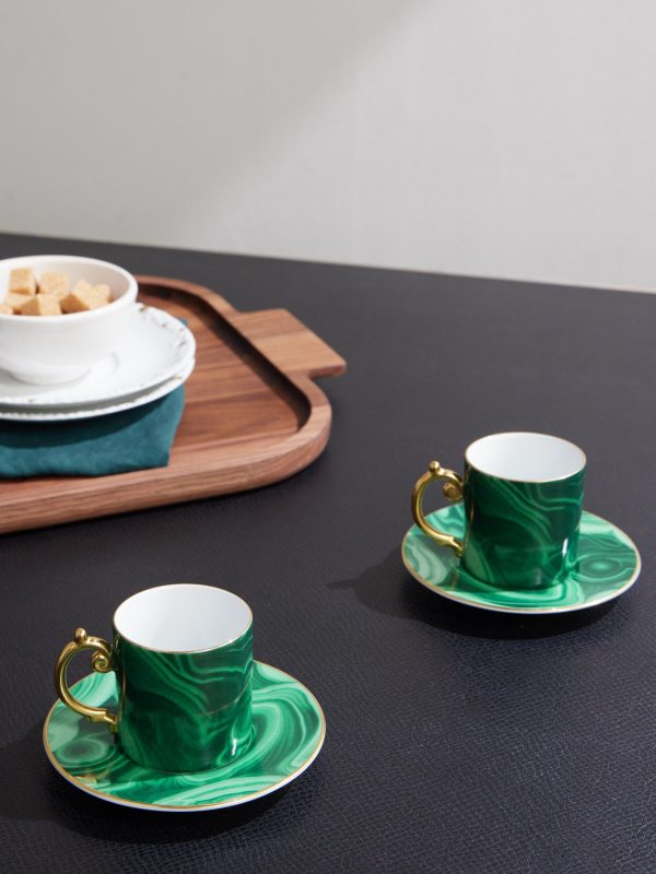 Malachite Set of Two Gold-Plated Porcelain Espresso Cups and Saucers - OU Malachite Set of Two Gold-Plated Porcelain Espresso Cups and Saucers - OU