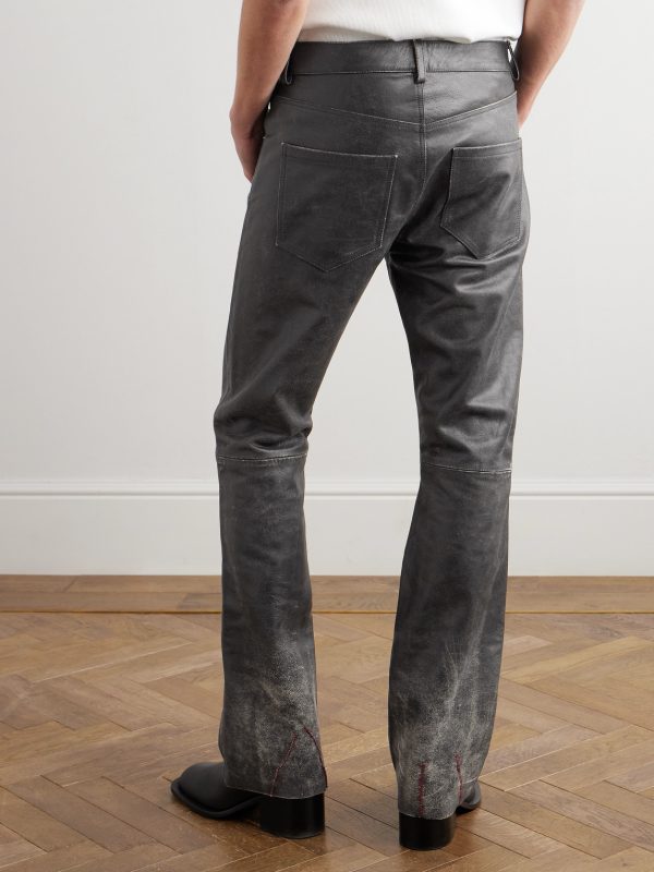Slim-Fit Straight-Leg Distressed Leather Trousers - BK Slim-Fit Straight-Leg Distressed Leather Trousers - BK