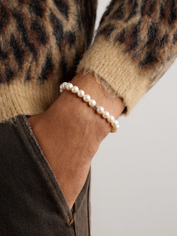 Rhodium-Plated, Pearl and Diamond Bracelet - FR Rhodium-Plated, Pearl and Diamond Bracelet - FR