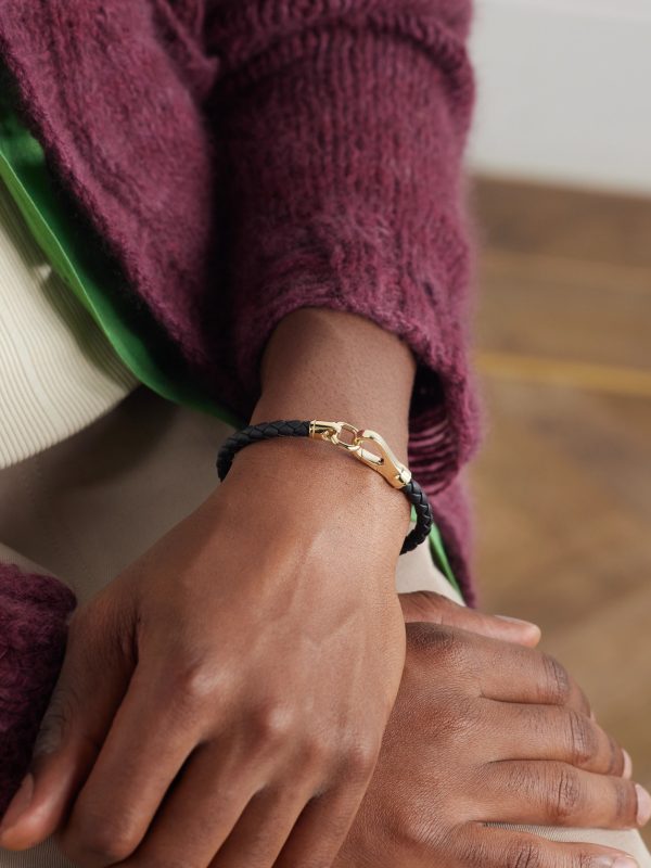 Braided Leather and 14-Karat Gold Bracelet - FR Braided Leather and 14-Karat Gold Bracelet - FR