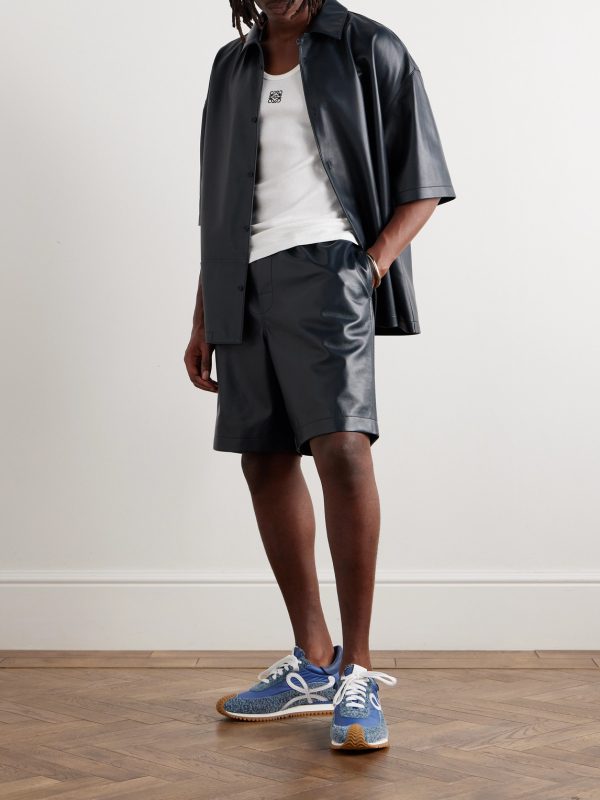 Wide-Leg Logo-Embossed Leather Shorts - OU Wide-Leg Logo-Embossed Leather Shorts - OU