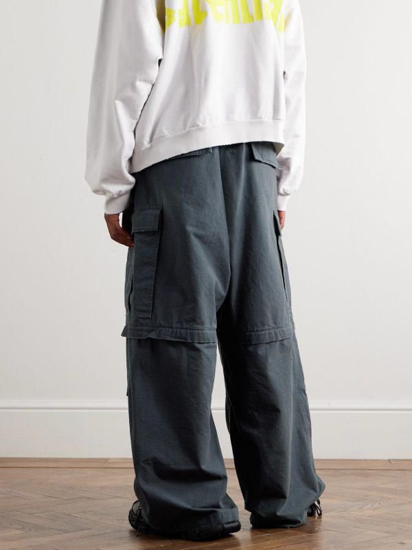 Wide-Leg Distressed Cotton-Ripstop Drawstring Cargo Trousers - BK Wide-Leg Distressed Cotton-Ripstop Drawstring Cargo Trousers - BK