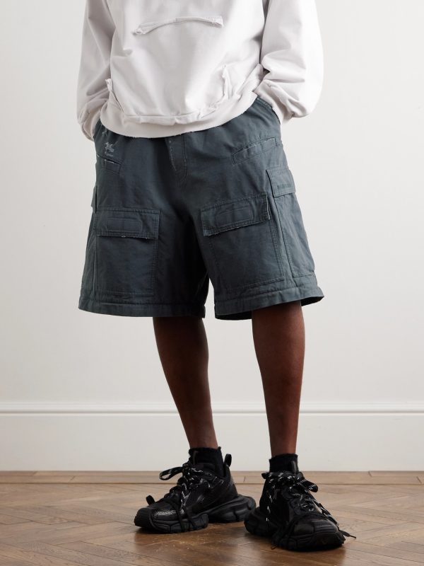 Wide-Leg Distressed Cotton-Ripstop Drawstring Cargo Trousers - E2 Wide-Leg Distressed Cotton-Ripstop Drawstring Cargo Trousers - E2