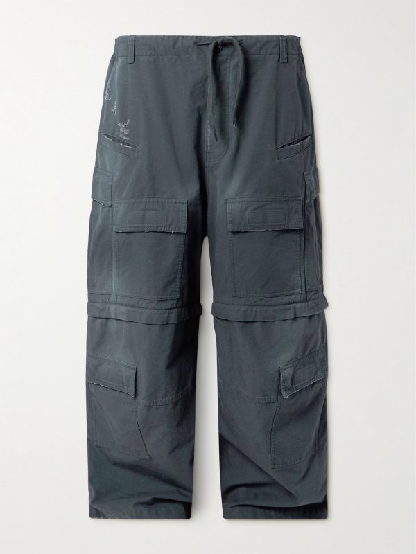 Wide-Leg Distressed Cotton-Ripstop Drawstring Cargo Trousers Wide-Leg Distressed Cotton-Ripstop Drawstring Cargo Trousers