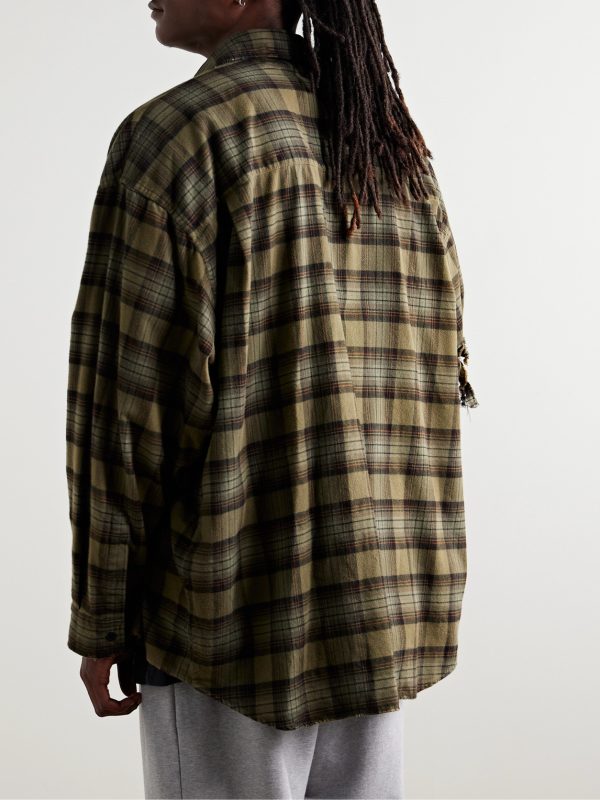 Oversized Layered Checked Cotton-Flannel and Printed Jersey Shirt - BK Oversized Layered Checked Cotton-Flannel and Printed Jersey Shirt - BK