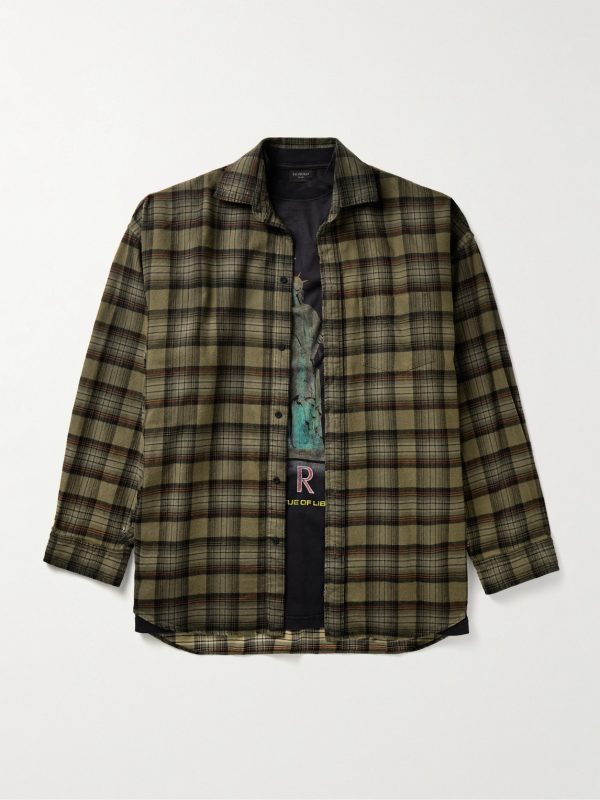 Oversized Layered Checked Cotton-Flannel and Printed Jersey Shirt Oversized Layered Checked Cotton-Flannel and Printed Jersey Shirt