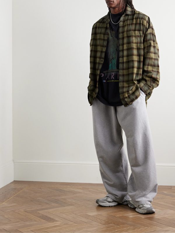 Oversized Layered Checked Cotton-Flannel and Printed Jersey Shirt - OU Oversized Layered Checked Cotton-Flannel and Printed Jersey Shirt - OU