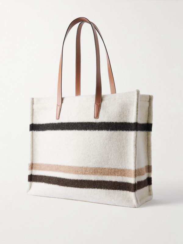 Cabas Large Leather-Trimmed Striped Logo-Print Brushed-Knit Tote Bag - BK Cabas Large Leather-Trimmed Striped Logo-Print Brushed-Knit Tote Bag - BK