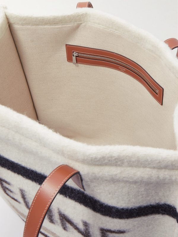 Cabas Large Leather-Trimmed Striped Logo-Print Brushed-Knit Tote Bag - E1 Cabas Large Leather-Trimmed Striped Logo-Print Brushed-Knit Tote Bag - E1