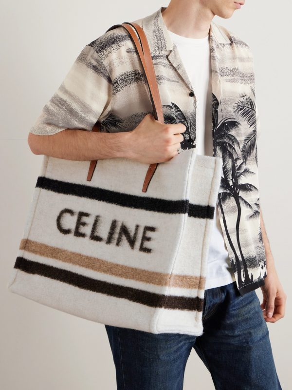 Cabas Large Leather-Trimmed Striped Logo-Print Brushed-Knit Tote Bag - OU Cabas Large Leather-Trimmed Striped Logo-Print Brushed-Knit Tote Bag - OU