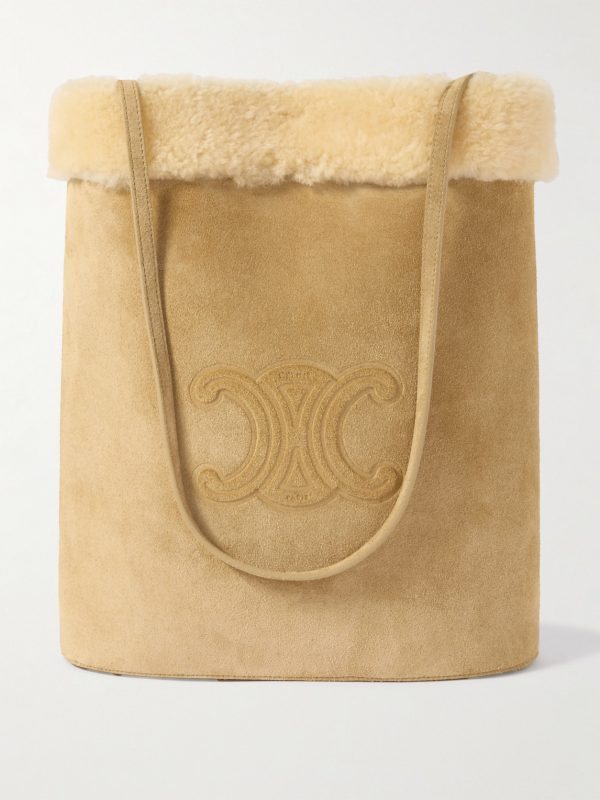 Triomphe Logo-Embossed Shearling Bucket Bag