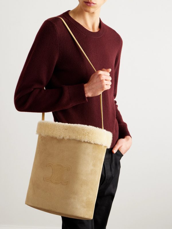 Triomphe Logo-Embossed Shearling Bucket Bag - OU