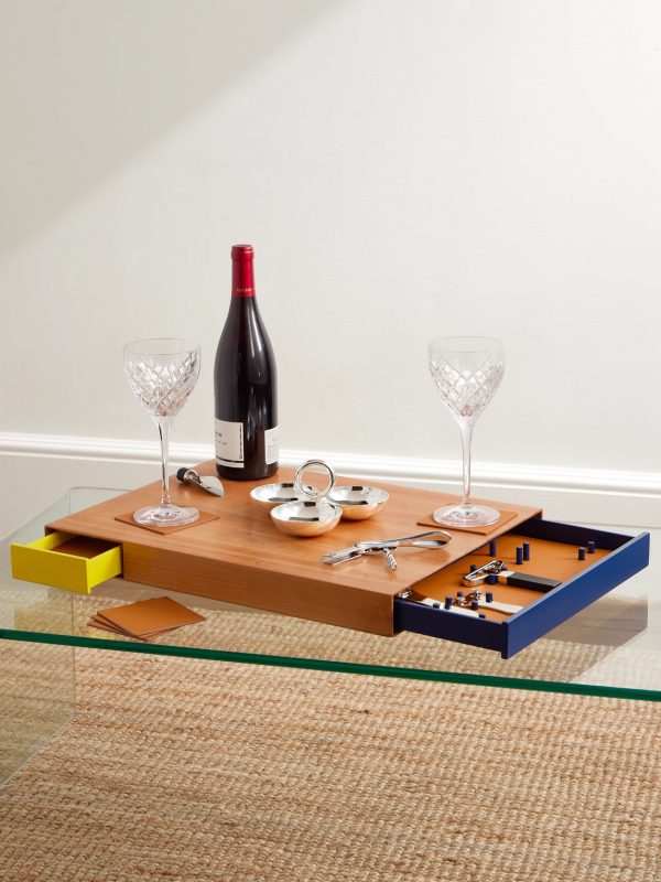 Le Plateau Wood, Lacquer, Leather and Chromed Metal Wine Tool and Tray Set - OU Le Plateau Wood, Lacquer, Leather and Chromed Metal Wine Tool and Tray Set - OU