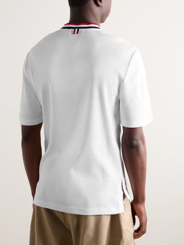 Logo-Appliquéd Striped Pointelle-Knit Cotton T-Shirt - BK Logo-Appliquéd Striped Pointelle-Knit Cotton T-Shirt - BK