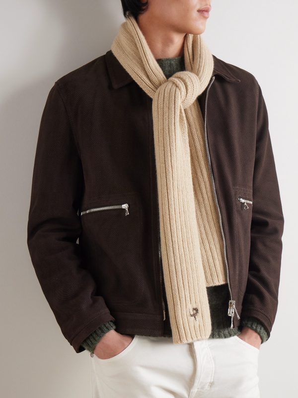 Leather-Trimmed Ribbed Cashmere Scarf - OU Leather-Trimmed Ribbed Cashmere Scarf - OU