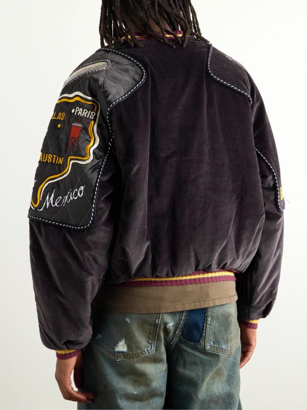 Embroidered Quilted Shell-Trimmed Cotton-Velvet Bomber Jacket - BK