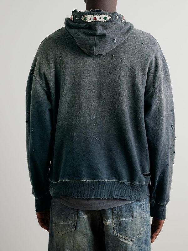 Embellished Suede-Trimmed Distressed Cotton-Jersey Hoodie - BK Embellished Suede-Trimmed Distressed Cotton-Jersey Hoodie - BK