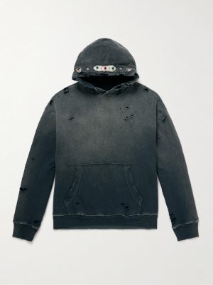 Embellished Suede-Trimmed Distressed Cotton-Jersey Hoodie