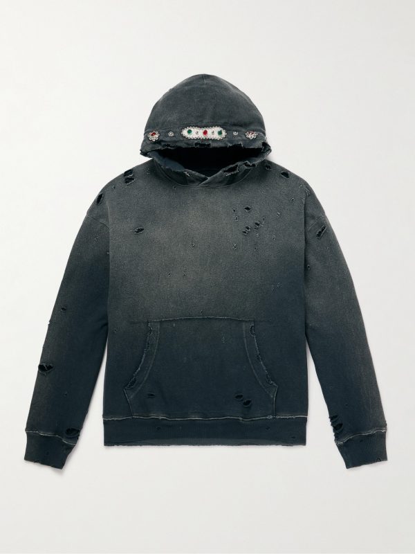 Embellished Suede-Trimmed Distressed Cotton-Jersey Hoodie Embellished Suede-Trimmed Distressed Cotton-Jersey Hoodie