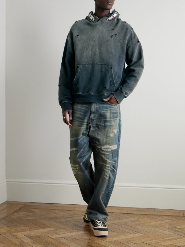 Embellished Suede-Trimmed Distressed Cotton-Jersey Hoodie - OU Embellished Suede-Trimmed Distressed Cotton-Jersey Hoodie - OU