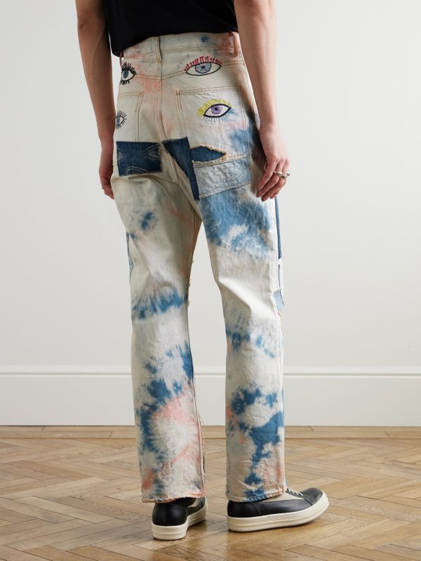 Slim-Fit Patchwork Embroidered Tie-Dyed Jeans - BK Slim-Fit Patchwork Embroidered Tie-Dyed Jeans - BK