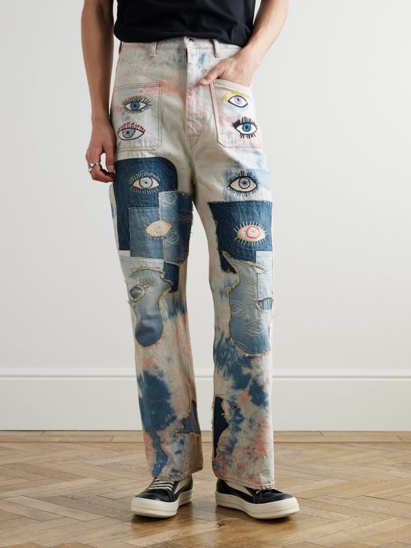 Slim-Fit Patchwork Embroidered Tie-Dyed Jeans - FR Slim-Fit Patchwork Embroidered Tie-Dyed Jeans - FR