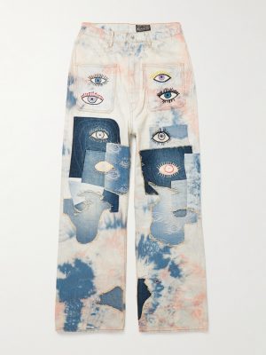 Slim-Fit Patchwork Embroidered Tie-Dyed Jeans Slim-Fit Patchwork Embroidered Tie-Dyed Jeans