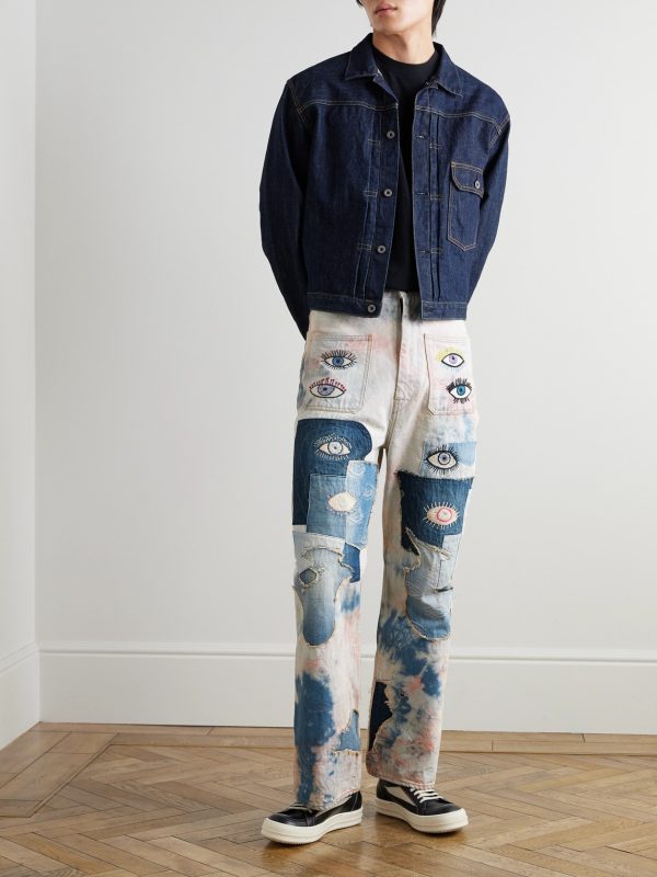 Slim-Fit Patchwork Embroidered Tie-Dyed Jeans - OU Slim-Fit Patchwork Embroidered Tie-Dyed Jeans - OU