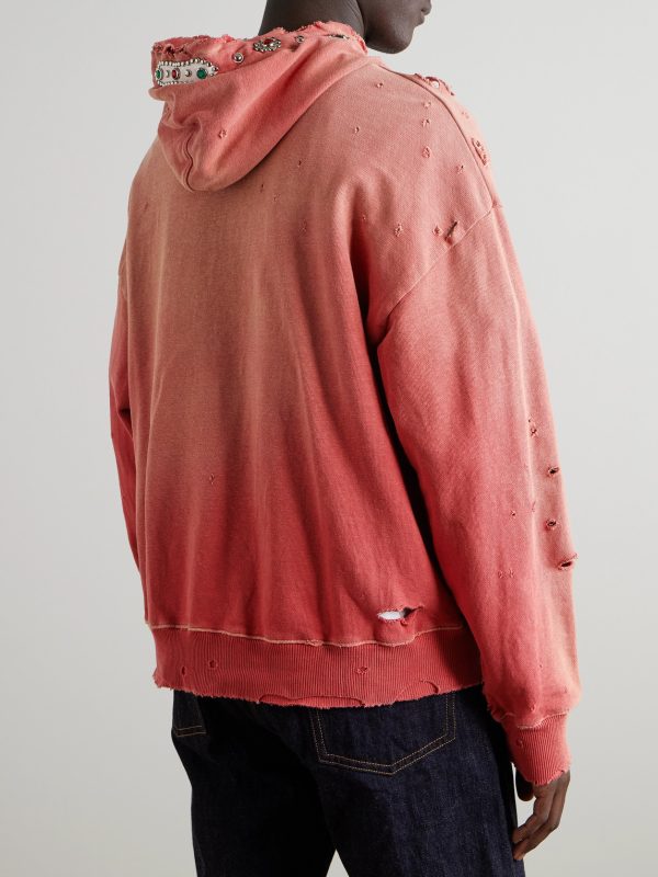 Embellished Suede-Trimmed Distressed Cotton-Jersey Hoodie - BK Embellished Suede-Trimmed Distressed Cotton-Jersey Hoodie - BK