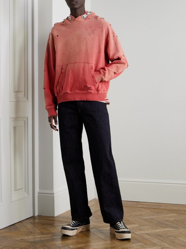 Embellished Suede-Trimmed Distressed Cotton-Jersey Hoodie - OU Embellished Suede-Trimmed Distressed Cotton-Jersey Hoodie - OU