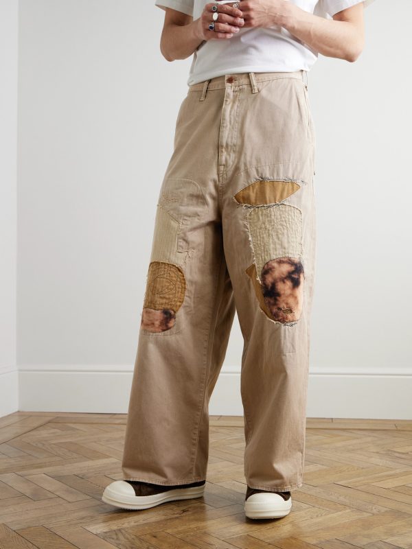 Katsuragi Port Straight-Leg Patchwork Distressed Cotton-Twill Trousers - FR Katsuragi Port Straight-Leg Patchwork Distressed Cotton-Twill Trousers - FR