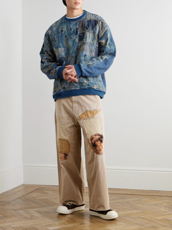 Katsuragi Port Straight-Leg Patchwork Distressed Cotton-Twill Trousers - OU Katsuragi Port Straight-Leg Patchwork Distressed Cotton-Twill Trousers - OU