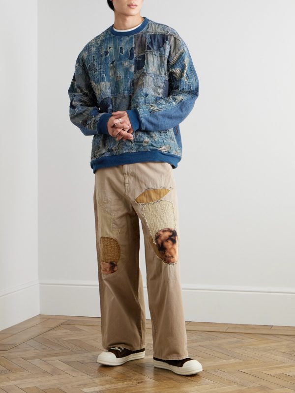 Boro Distressed Patchwork Cotton and Linen-Blend Sweatshirt - OU