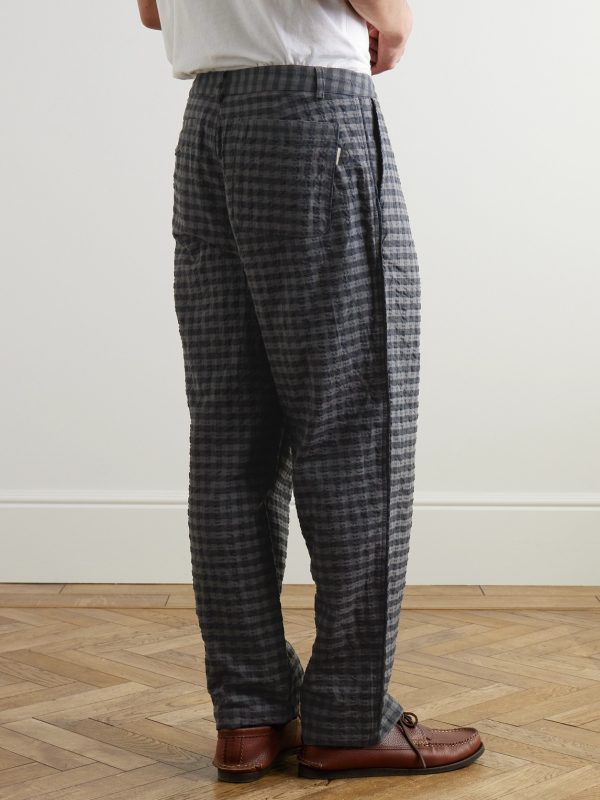 Wide-Leg Pleated Checked Seersucker Trousers - BK Wide-Leg Pleated Checked Seersucker Trousers - BK