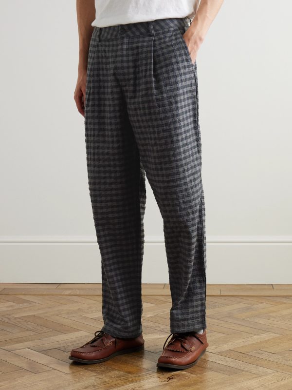 Wide-Leg Pleated Checked Seersucker Trousers - FR Wide-Leg Pleated Checked Seersucker Trousers - FR
