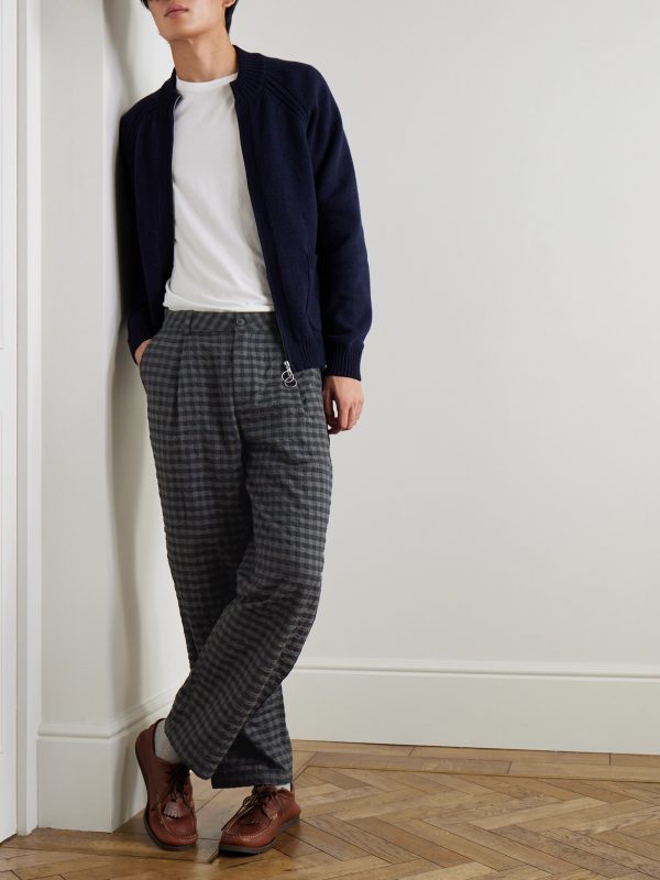 Wide-Leg Pleated Checked Seersucker Trousers - OU Wide-Leg Pleated Checked Seersucker Trousers - OU