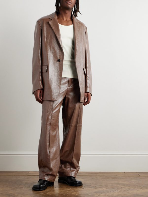 Straight-Leg Glossed Textured-Leather Trousers - OU Straight-Leg Glossed Textured-Leather Trousers - OU
