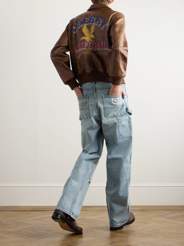 Oversized Logo-Print Leather Bomber Jacket - OU