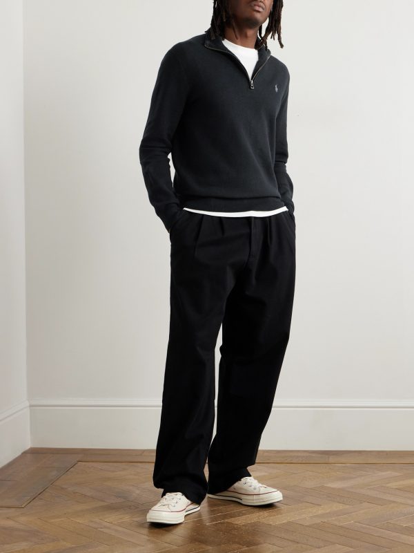 Logo-Embroidered Honeycomb-Knit Cotton Half-Zip Sweater - OU